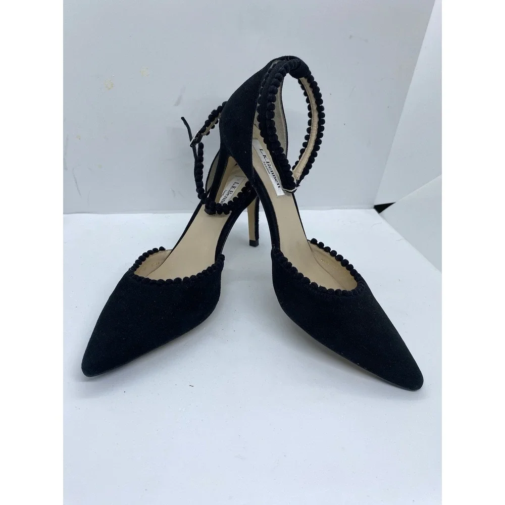 Black LK Bennett Ellora Suede Pom-Pom D'Orsay Ankle Strap Sandal Sz 39 US 8.5